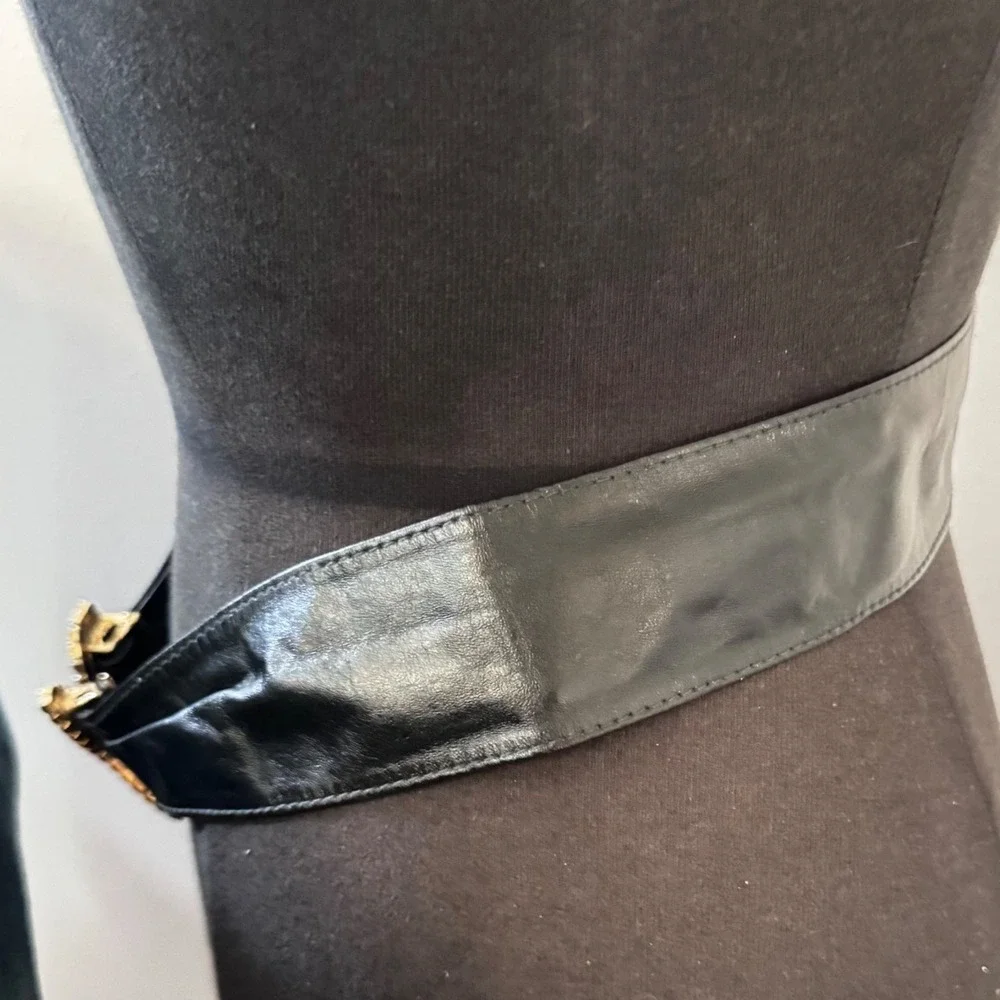 Vintage 90's  Black Leather Gold Butterfly Black Rhinestone Buckle Womens‎ Sm